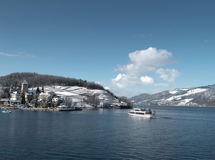 Schiff fährt Spiez im Winter an